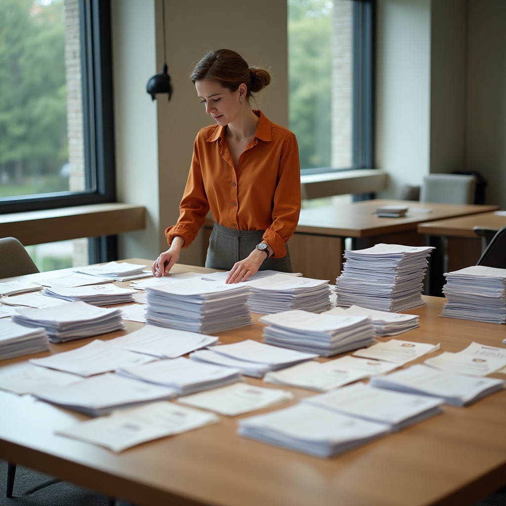 Sortare manuală a facturilor și chitanțelor pe categorii pe o masă de lucru