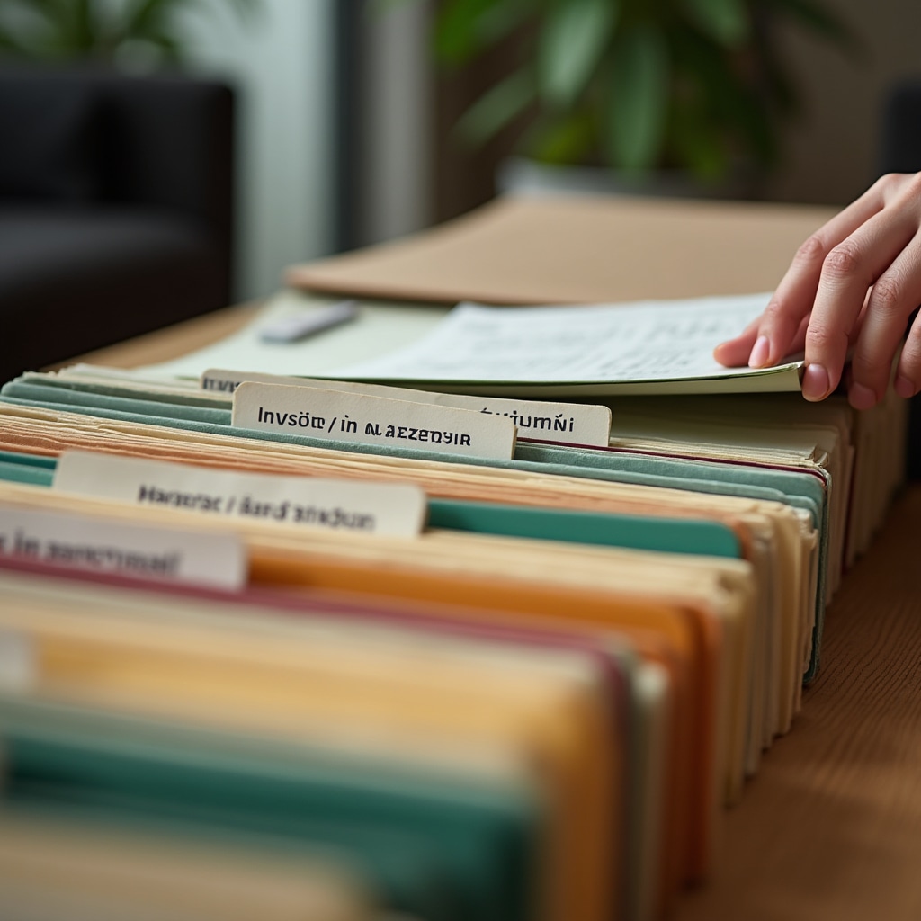 Facturi și chitanțe sortate în dosare colorate, organizate pe categorii